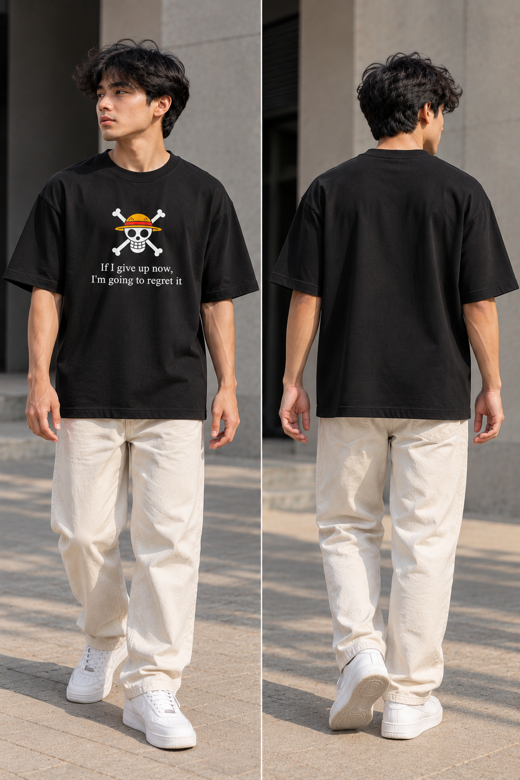 One Piece Straw Hat Jolly Roger "If I Give Up Now" Oversized T-Shirt — Black 3