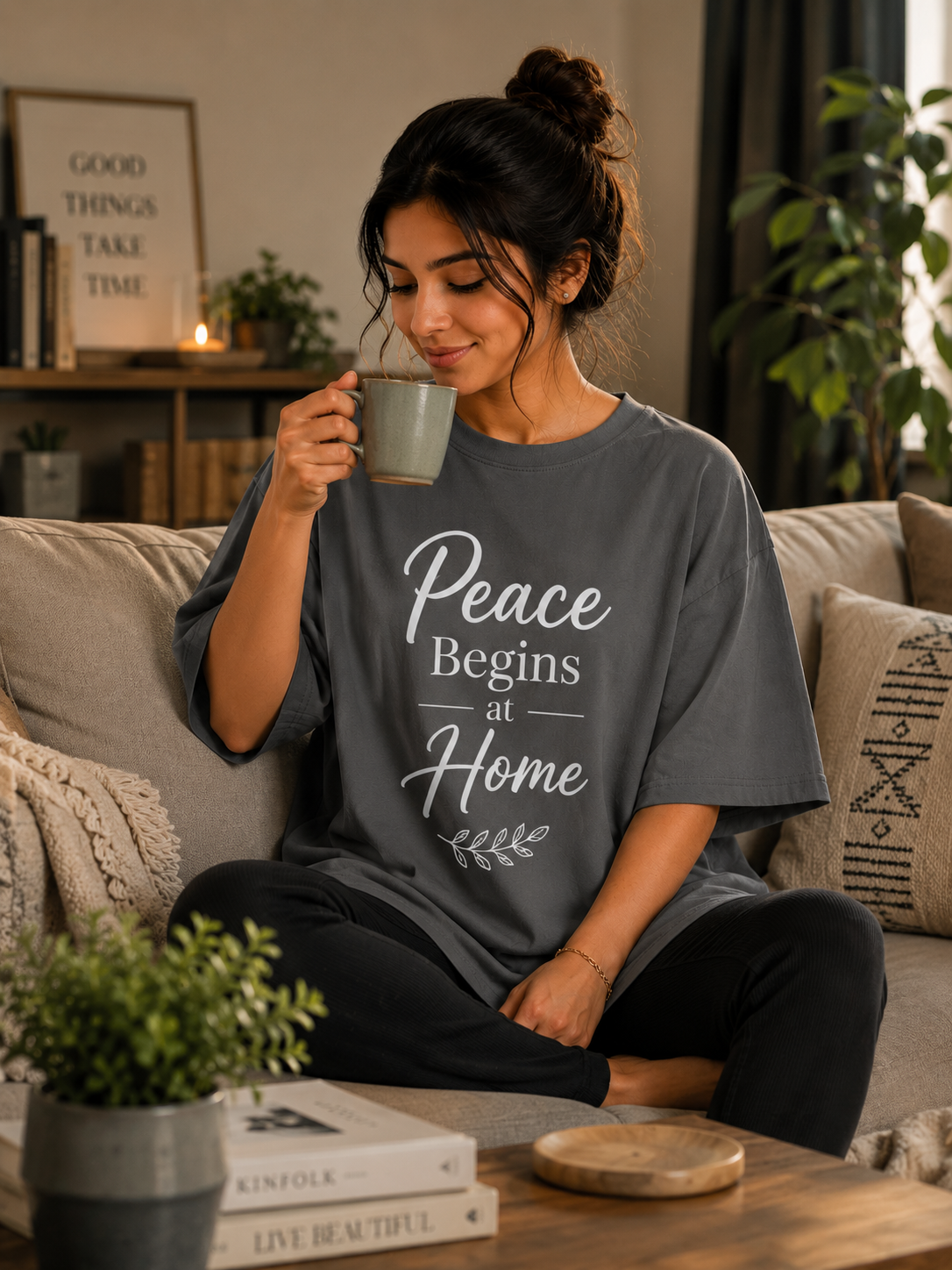 Peace Begins at Home Relaxed Fit Oversized T-Shirt — Smokey Grey 2