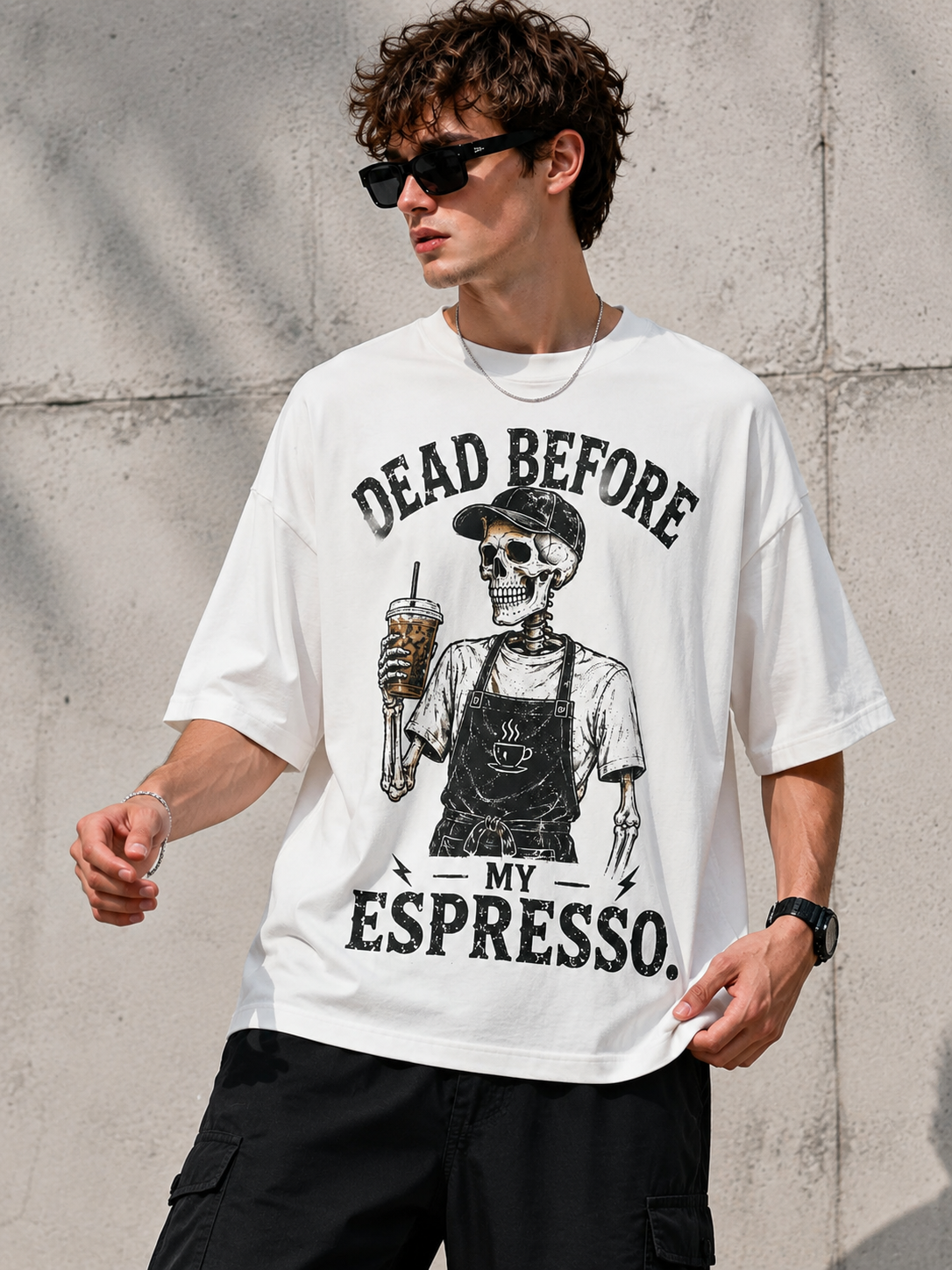 "Dead Before My Espresso" Skeleton Barista Graphic Oversized T-Shirt — White 1