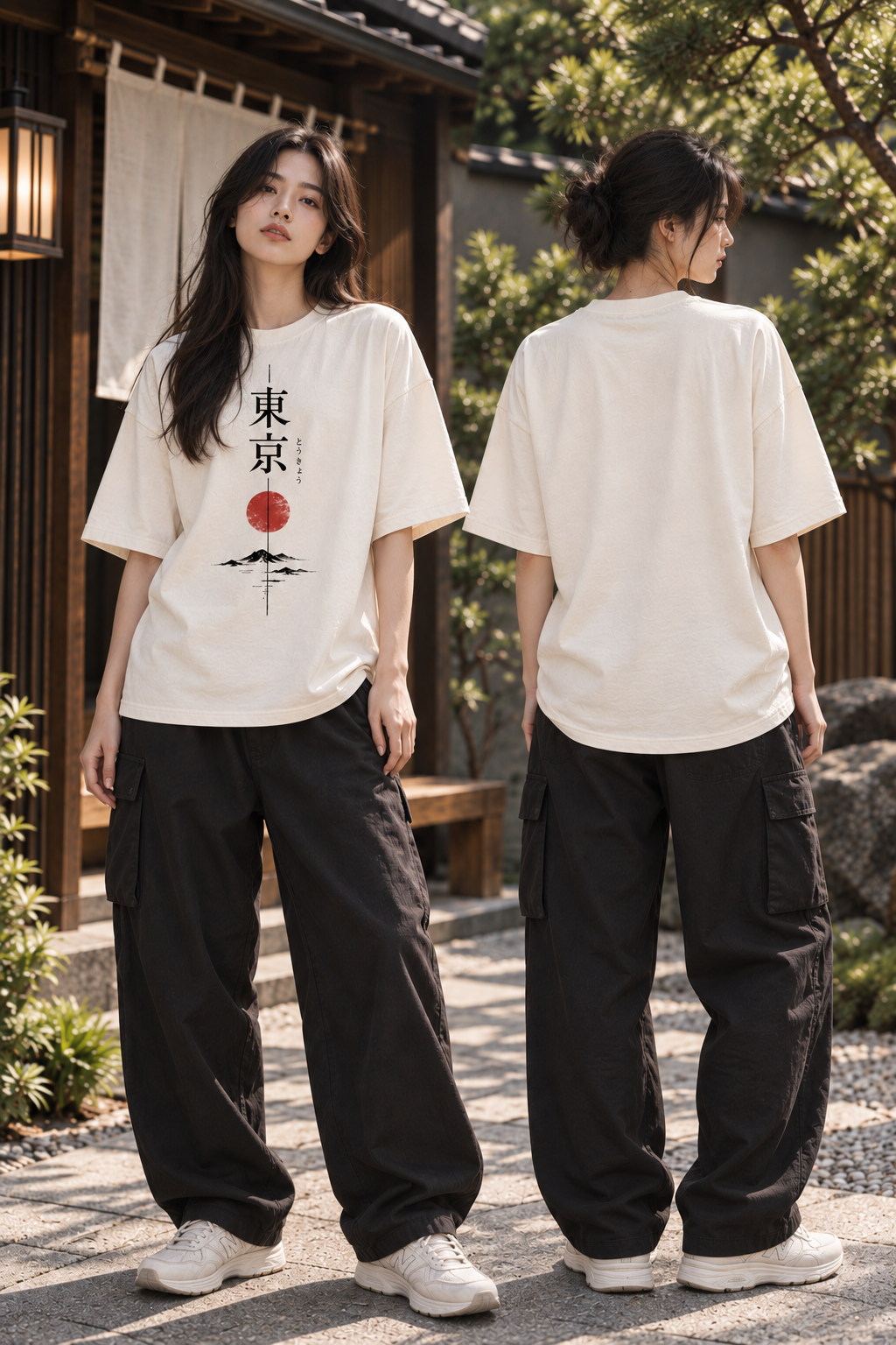 "Tokyo Sun & Mountain" Japanese Art Oversized T-Shirt — White 3