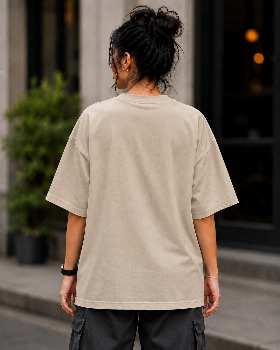 "Cyber Nomad" Urban Character Graphic Oversized T-Shirt — Beige 4