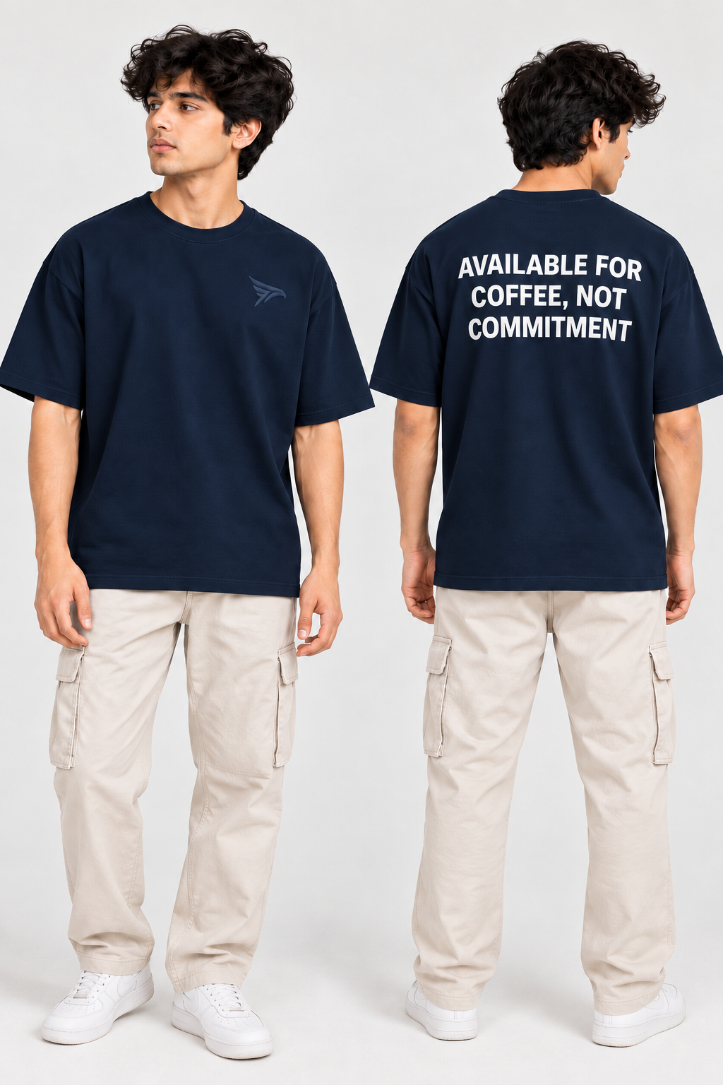 "Available For Coffee, Not Commitment" Back Print Regular Fit T-Shirt — Navy Blue 3