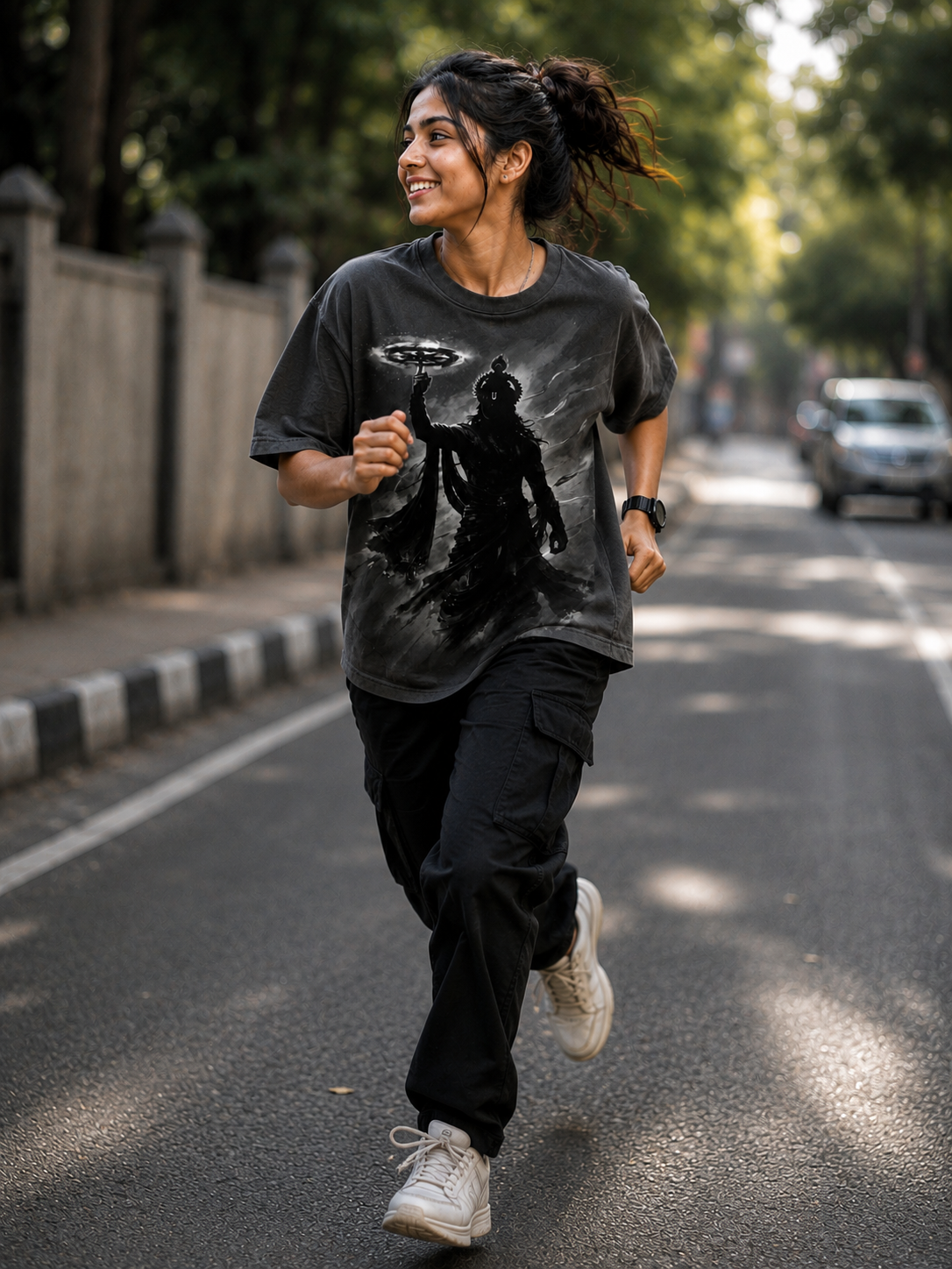 Black Oversized Lord Krishna Graphic T-Shirt for Women | Premium Brush Art Divine Streetwear — Black 5