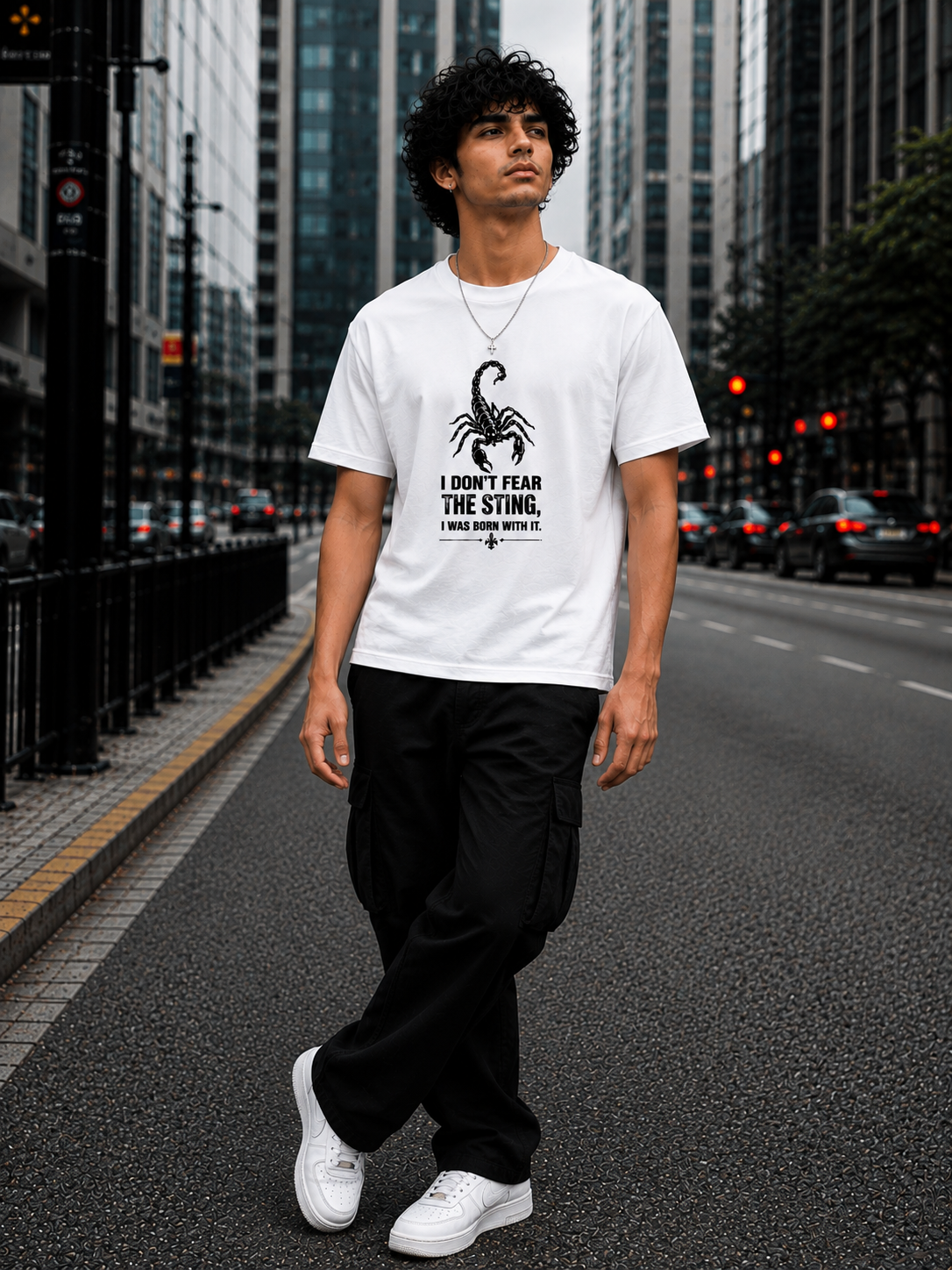 “I DON’T FEAR THE STING, I WAS BORN WITH IT.” Scorpion Graphic Regular T-Shirt — White 3