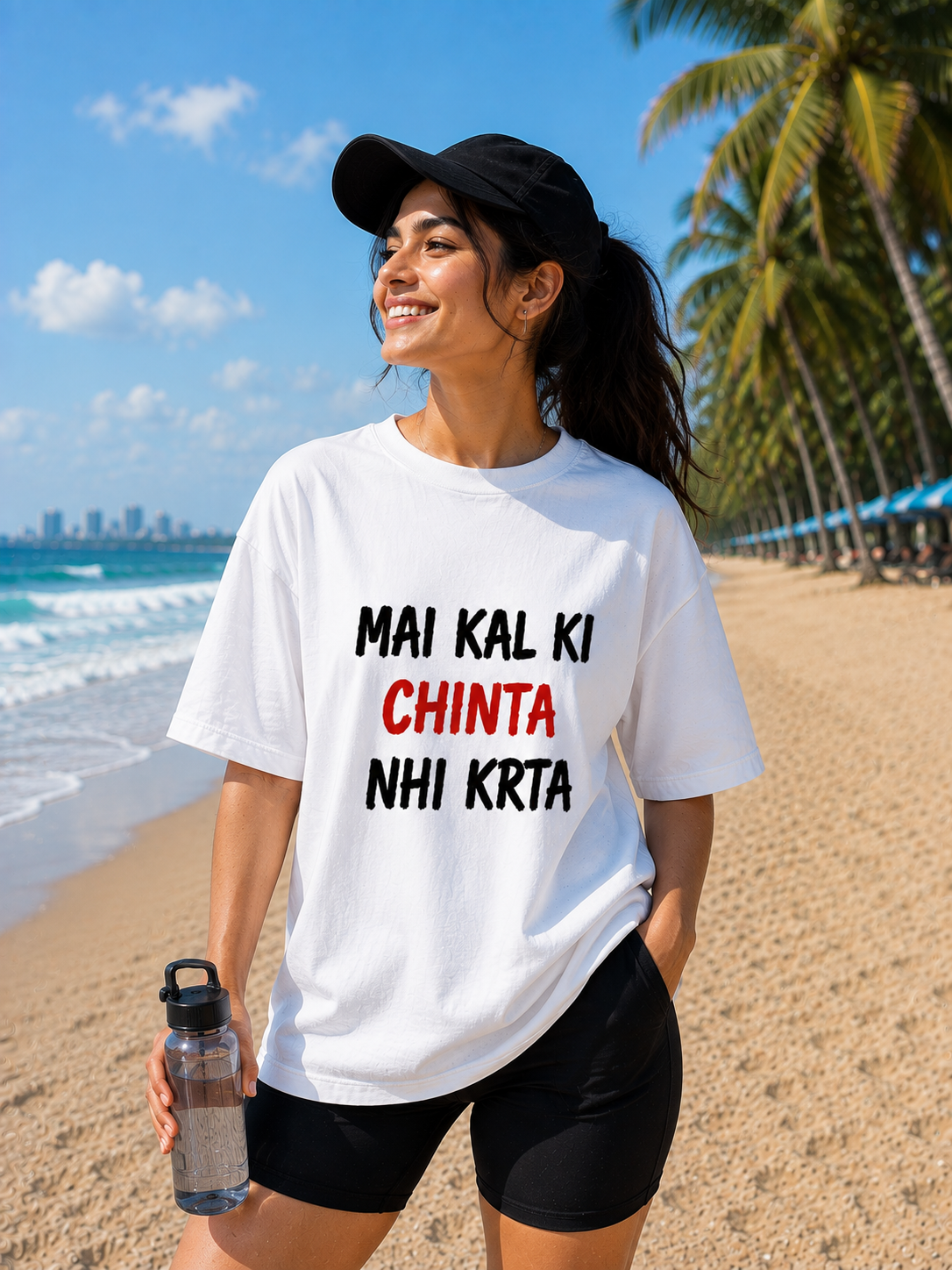 “MAI KAL KI CHINTA NHI KRTA”  Typographic Oversized T-Shirt — White 3