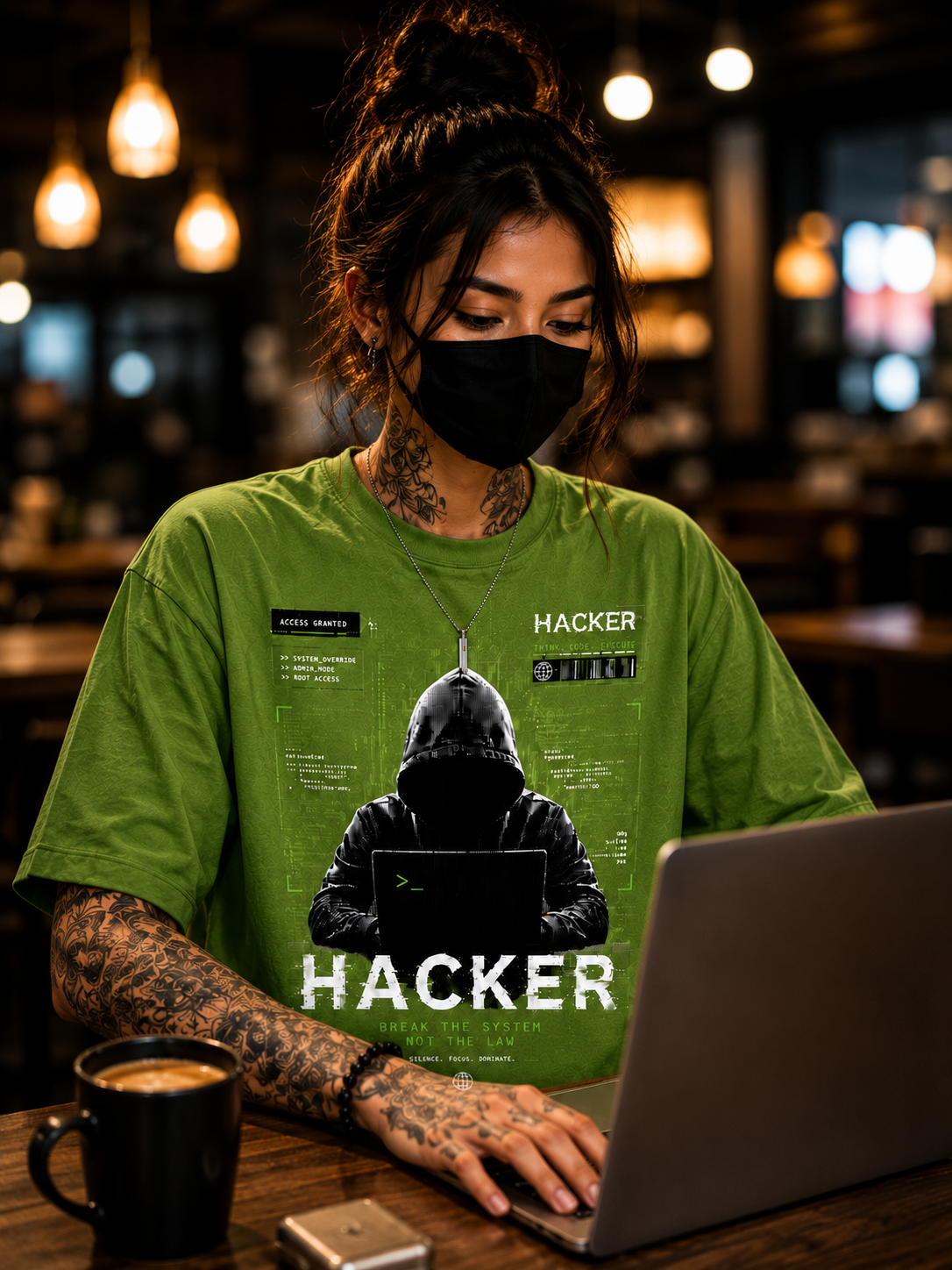 "Hacker: Break The System" Cyberpunk Graphic Oversized T-Shirt — Avocado Green 2