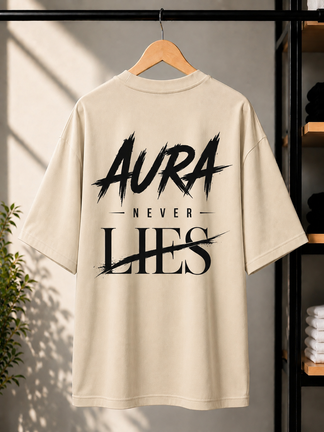 Aura Never Lies Oversized Graphic T-Shirt – Premium Cotton Men — Beige 3