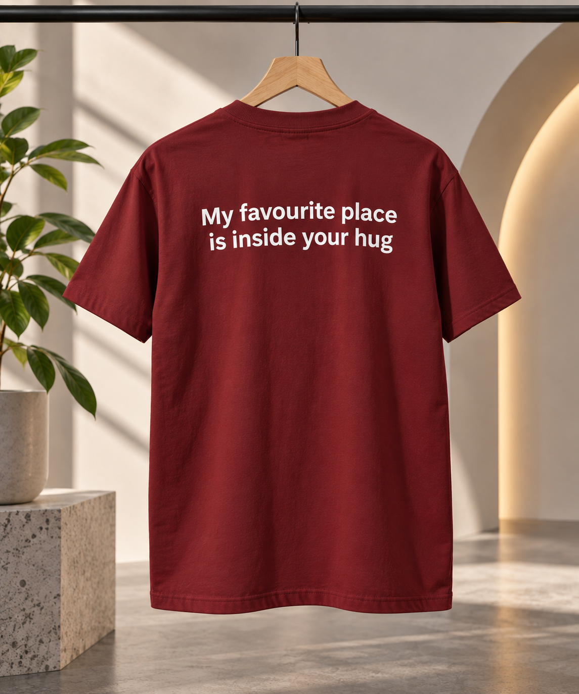 "Inside Your Hug" Romantic Quote Back Print Regular Fit T-Shirt — Maroon 1