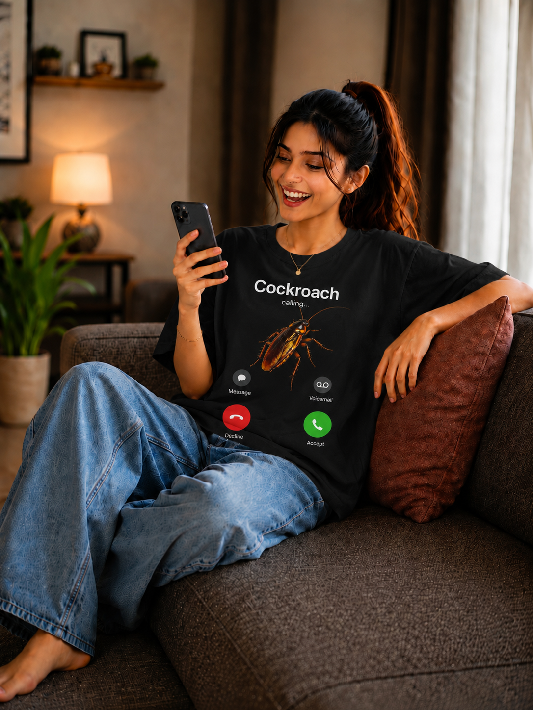 Cockroach Calling Oversized Black Graphic T-Shirt | Funny Phone Call Print | Unisex Cotton Tee — Black 4