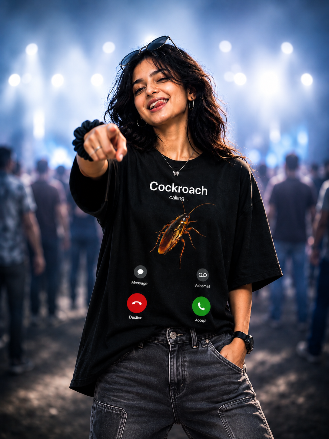 Cockroach Calling Oversized Black Graphic T-Shirt | Funny Phone Call Print | Unisex Cotton Tee — Black 2