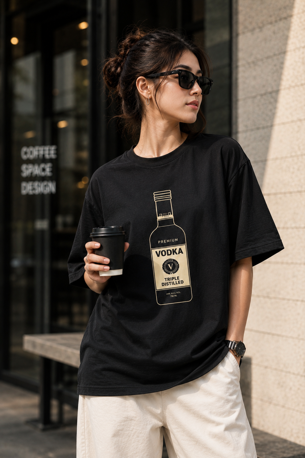 "Premium Vodka Bottle" Graphic Oversized T-Shirt — Black 3