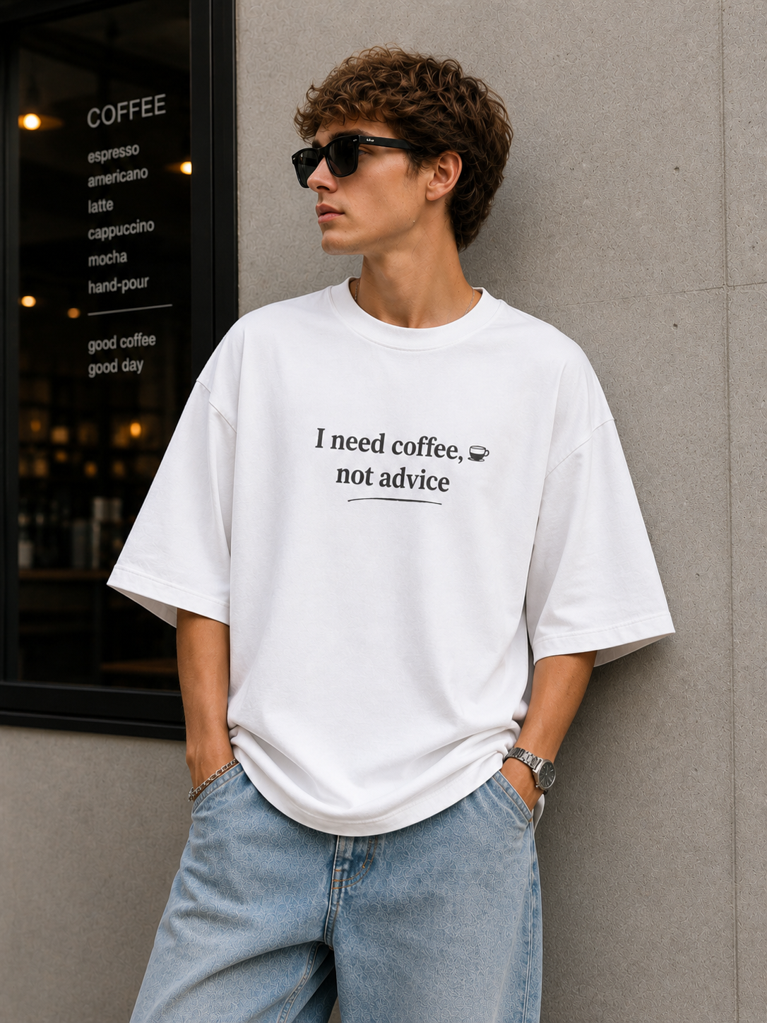 "I NEED COFFEE, NOT ADVICE" Graphic Oversized T-Shirt — White 3