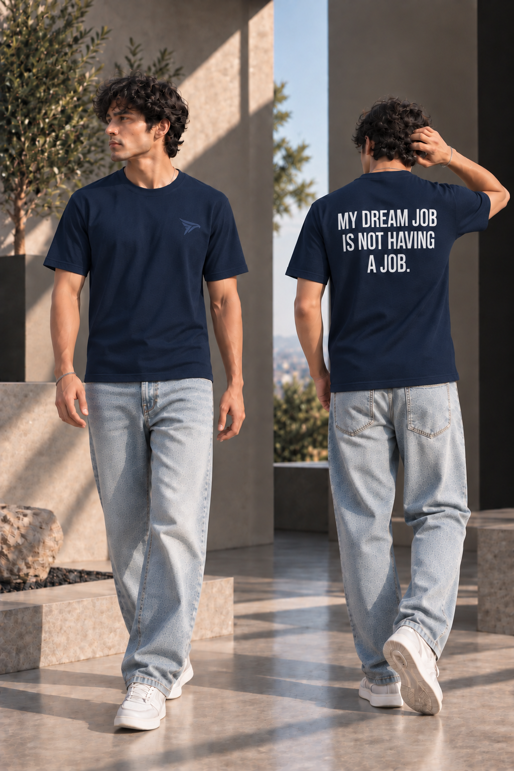 "My Dream Job Is Not Having A Job" Funny Back Print Regular Fit T-Shirt — Navy Blue 3