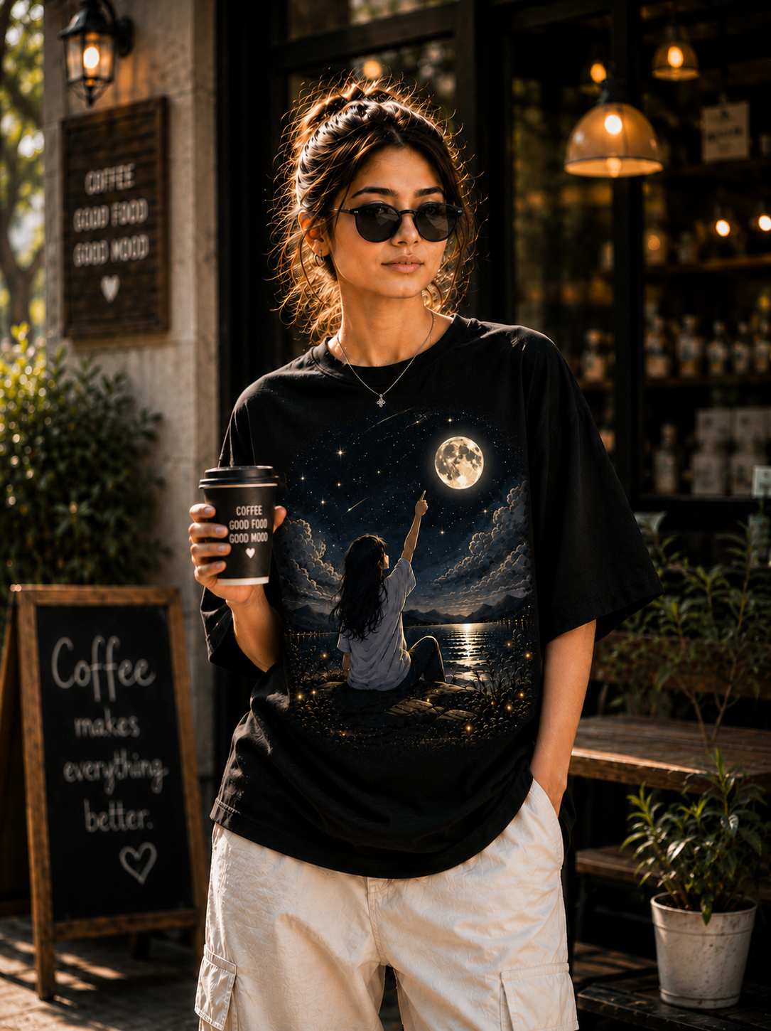 "Aim for the Moon" Aesthetic Dreamer Graphic Oversized T-Shirt — Black 2