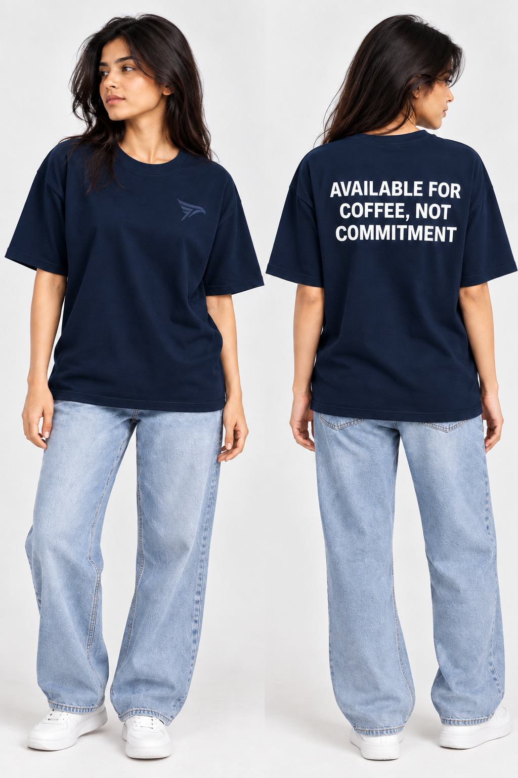 "Available For Coffee, Not Commitment" Back Print Regular Fit T-Shirt — Navy Blue 4