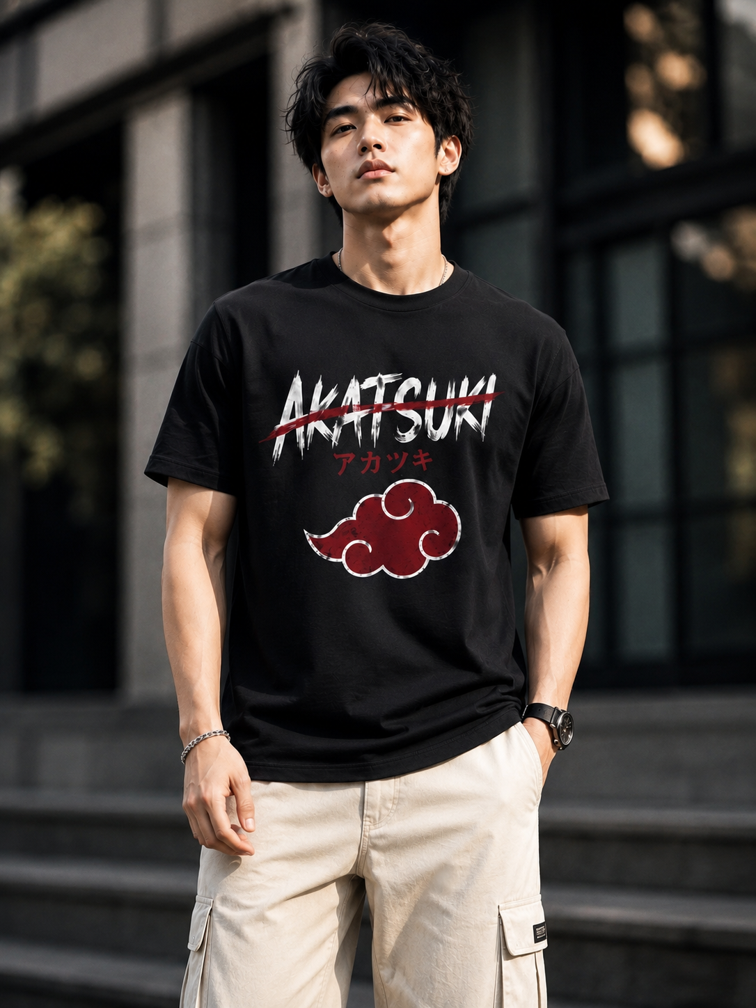 "Akatsuki Red Cloud" Anime Graphic Oversized T-Shirt — Black 1