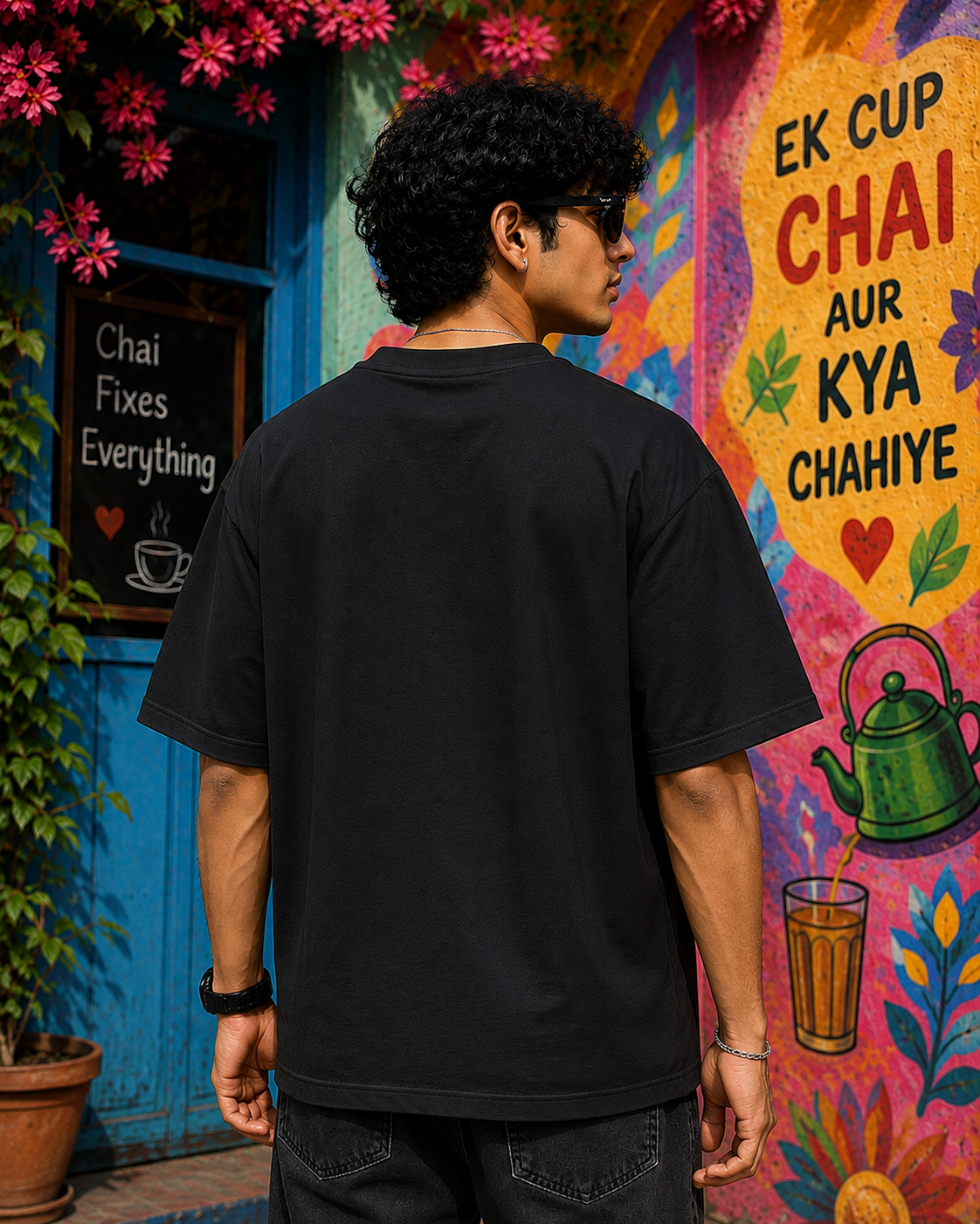"POWERED BY TEA" Graphic Oversized T-Shirt  — Black 2