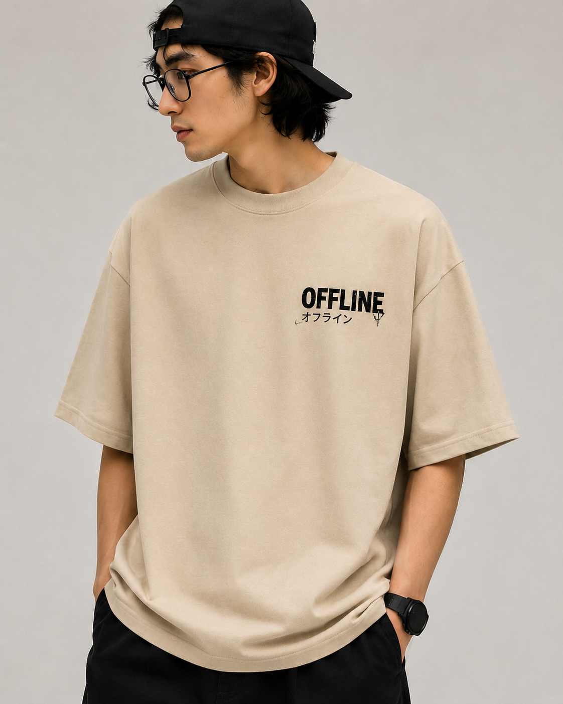"Offline: Peace Is Not Found Online" Graphic Oversized T-Shirt — Beige 2