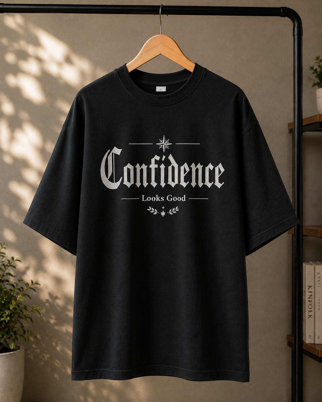 "Confidence Looks Good" Gothic Typography Oversized T-Shirt — Black 3