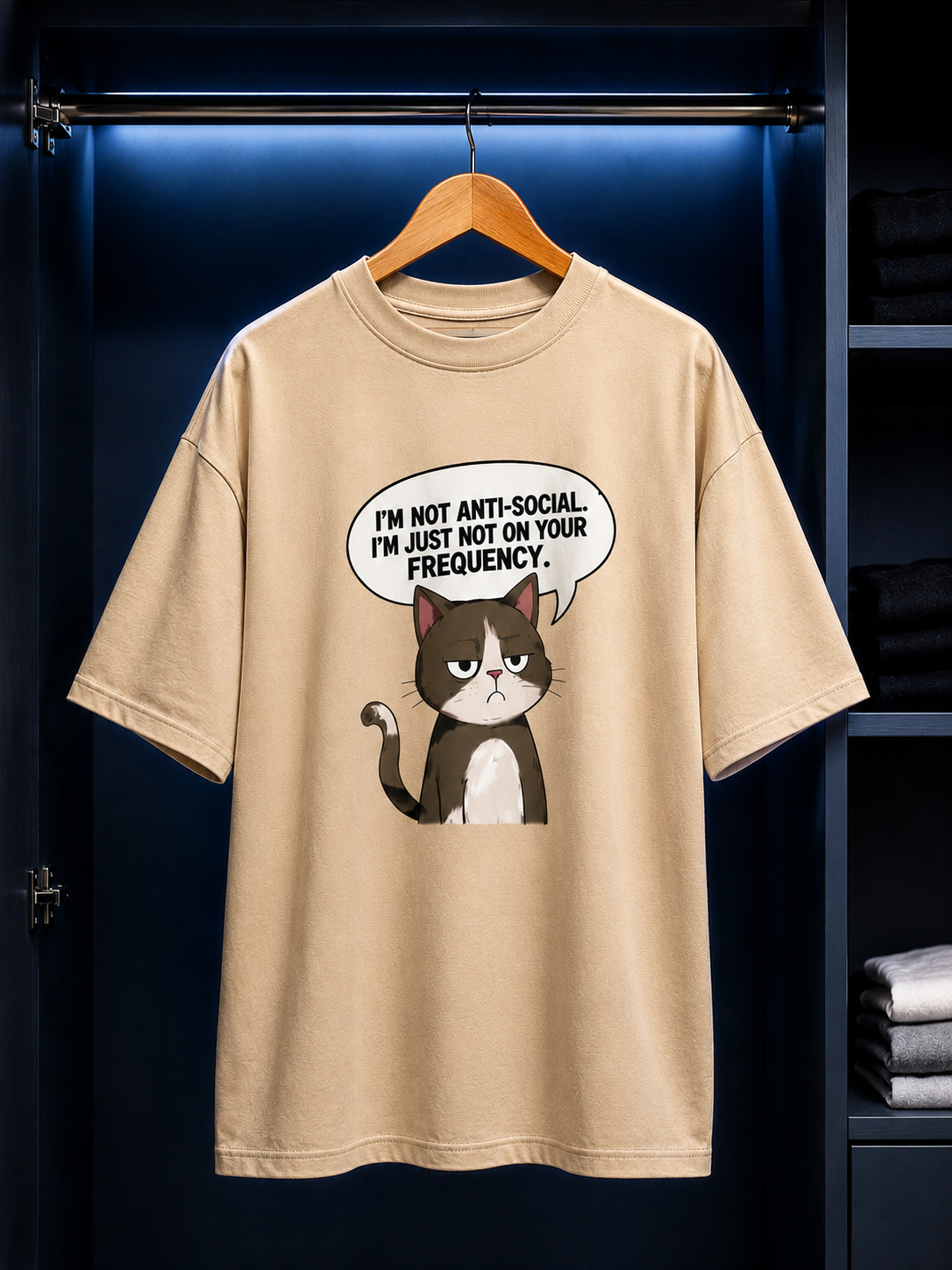 "Not On Your Frequency" Grumpy Cat Graphic Oversized T-Shirt — Beige 4