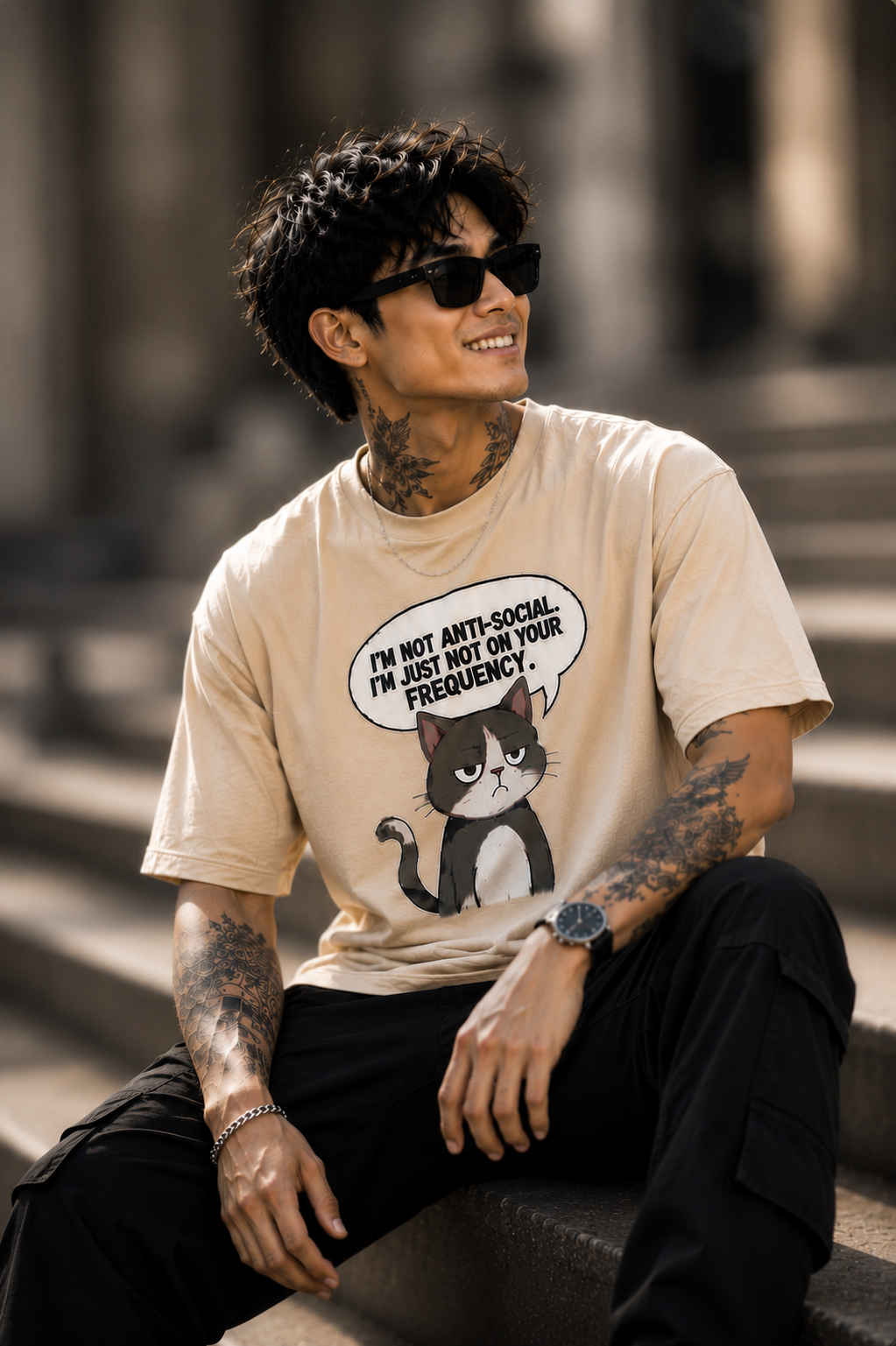 "Not On Your Frequency" Grumpy Cat Graphic Oversized T-Shirt — Beige 2
