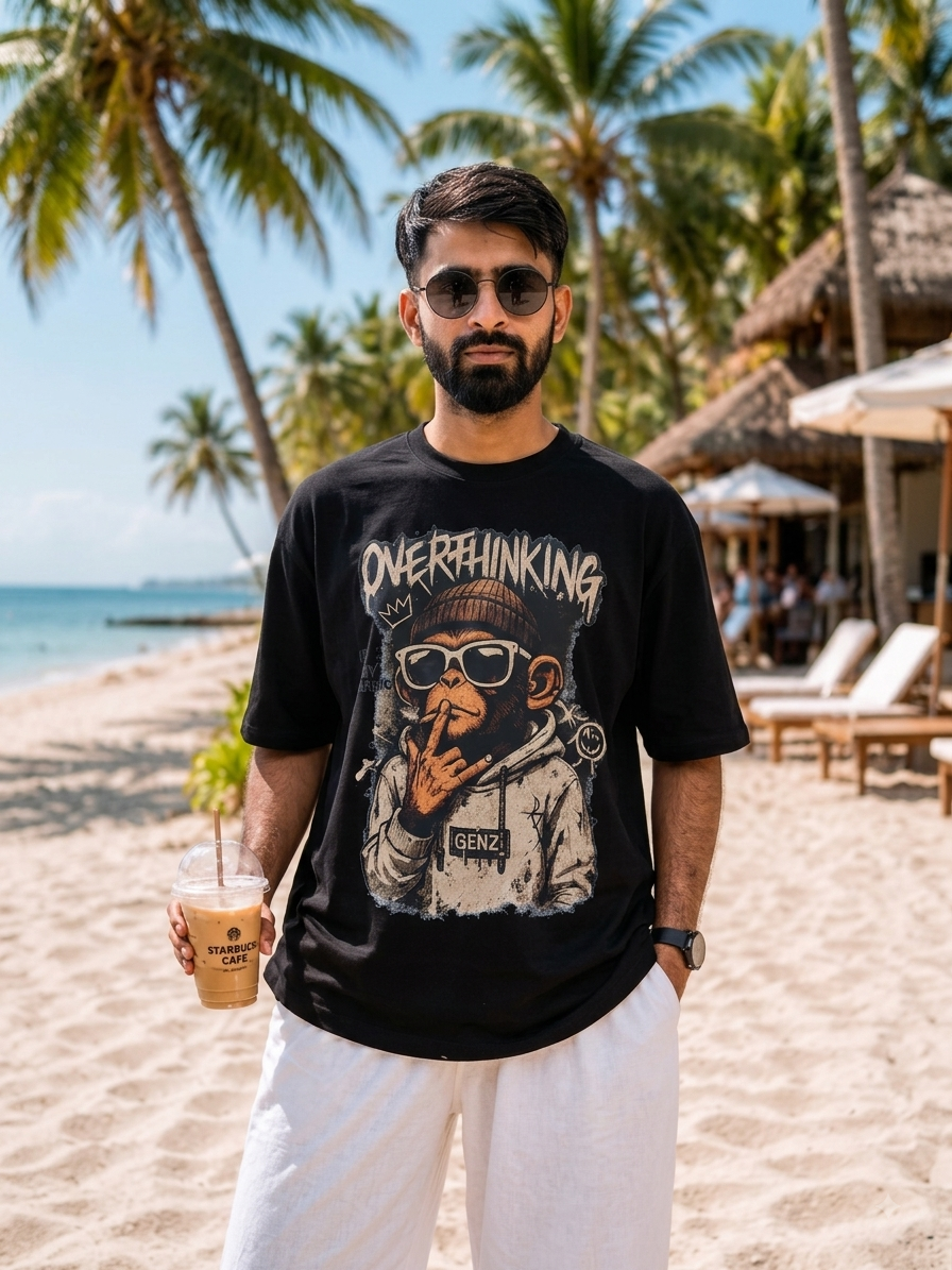 "Overthinking Is My Cardio" Monkey Graphic Oversized T-Shirt — Black 3