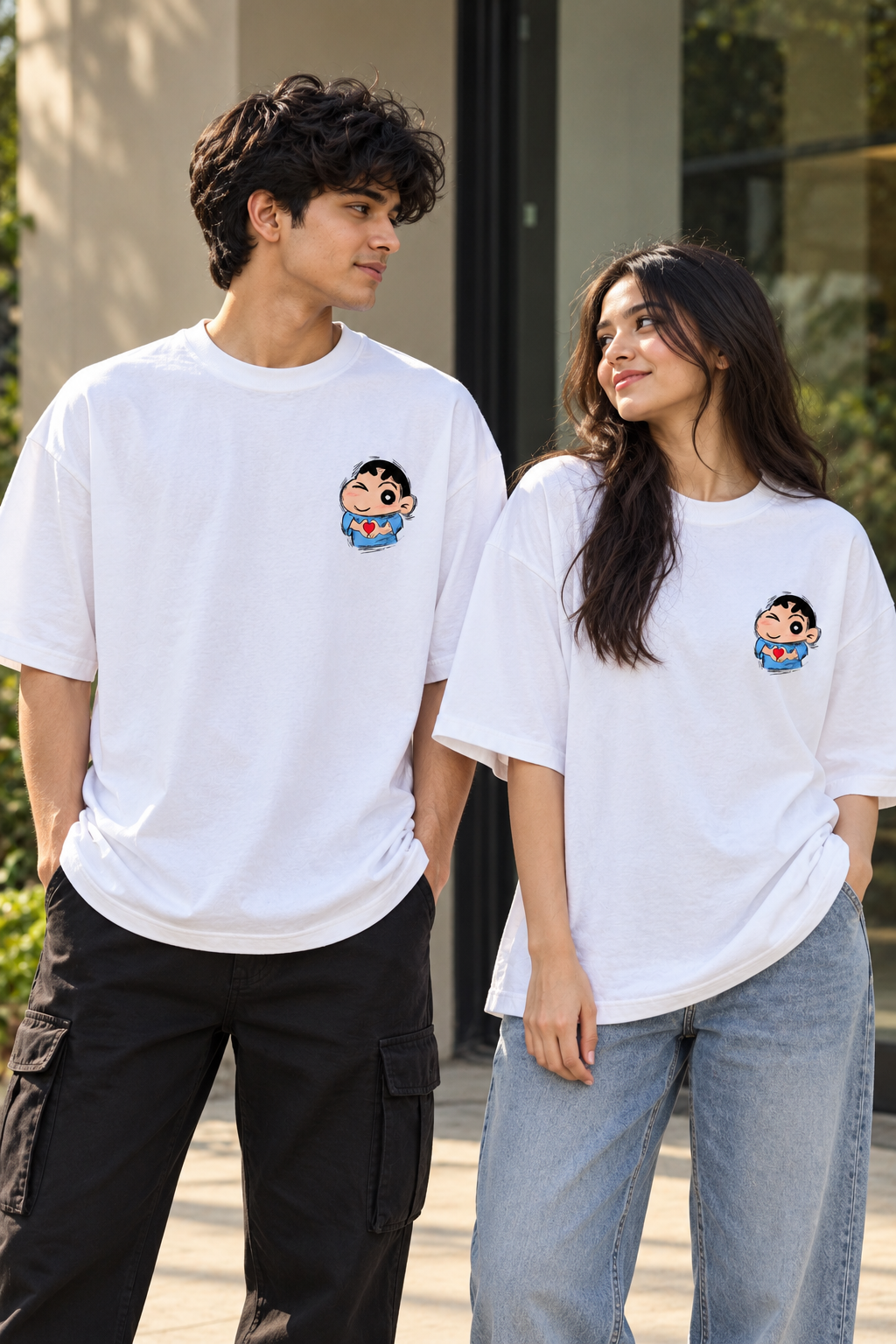 Shinchan Heart Hand Sign Back Print Oversized T-Shirt — White 4