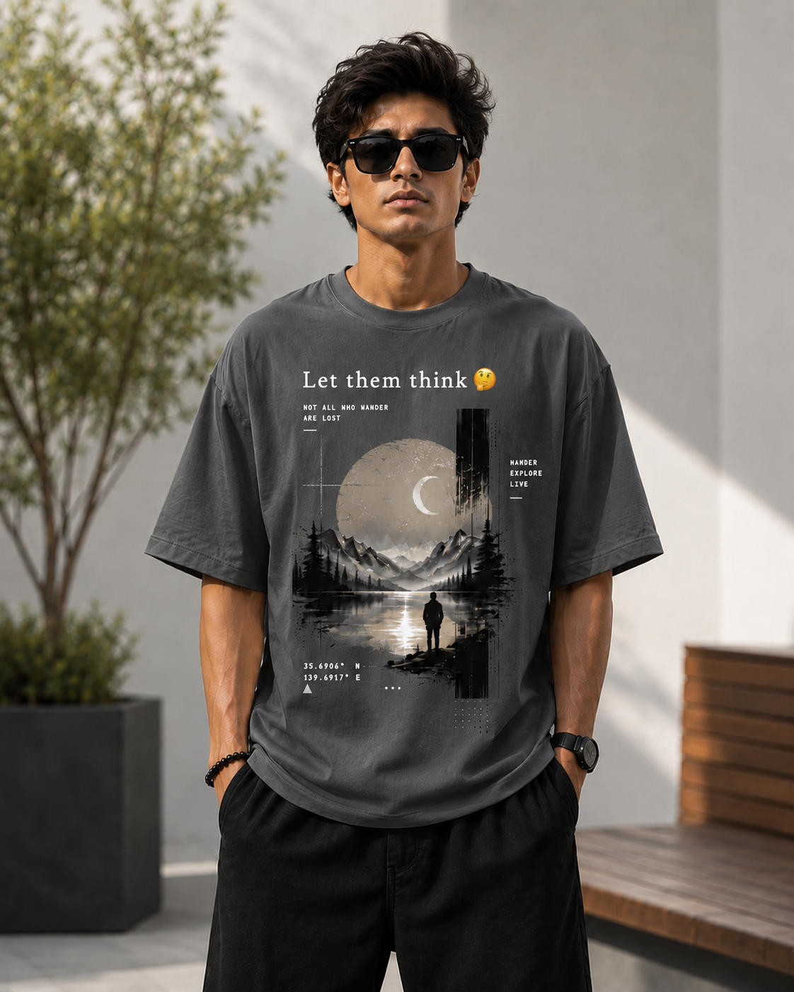 "Let Them Think" Aesthetic Wanderer Graphic Oversized T-Shirt — Smokey Grey 2