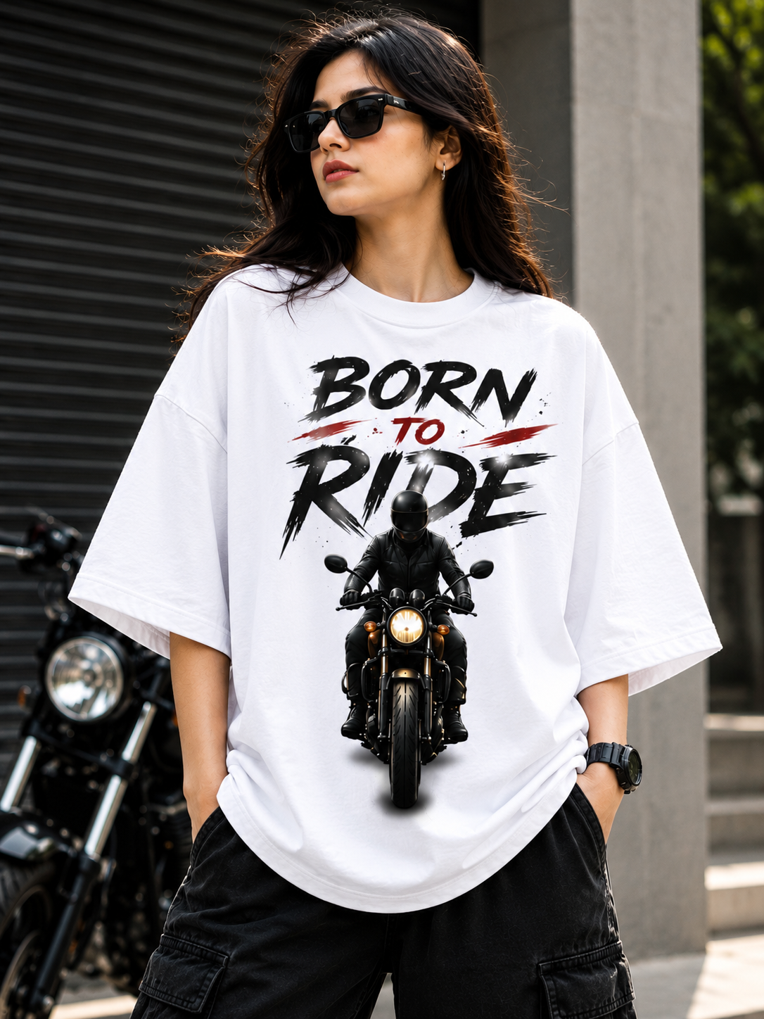 "BORN TO RIDE" Graphic Oversized T-Shirt — White 5