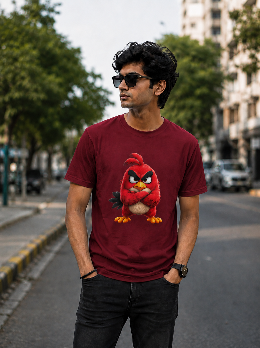 "Angry Bird" Graphic Regular Fit T-Shirt — Maroon 3