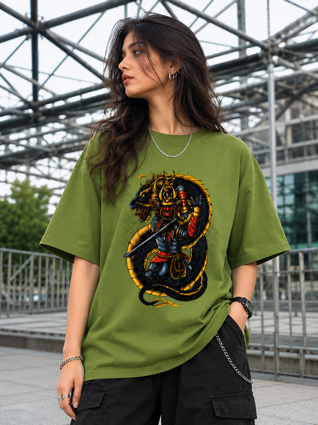 "SAMURAI DRAGON" Mighty Dragon Graphic Oversized T-Shirt  — Avocado Green 3