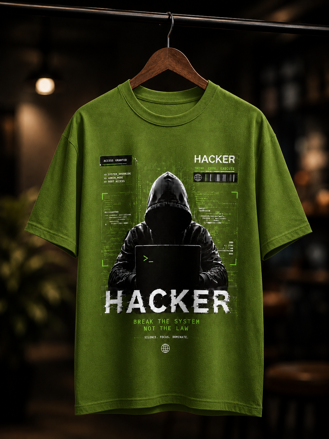 "Hacker: Break The System" Cyberpunk Graphic Oversized T-Shirt — Avocado Green 3