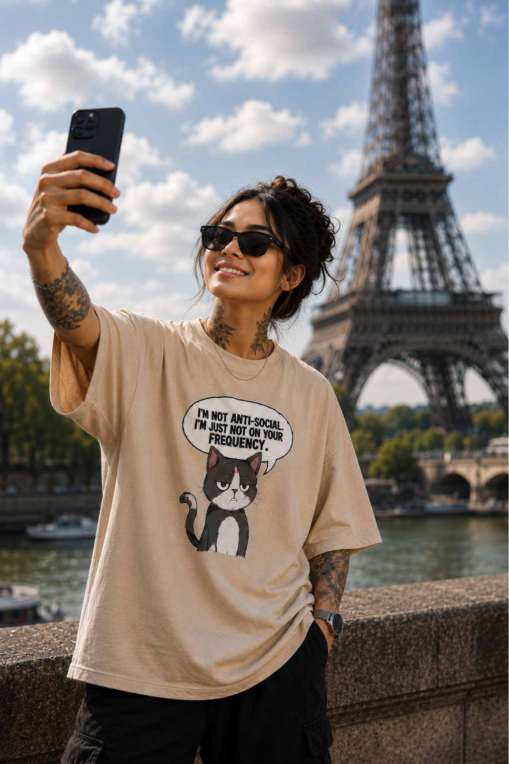 "Not On Your Frequency" Grumpy Cat Graphic Oversized T-Shirt — Beige 3