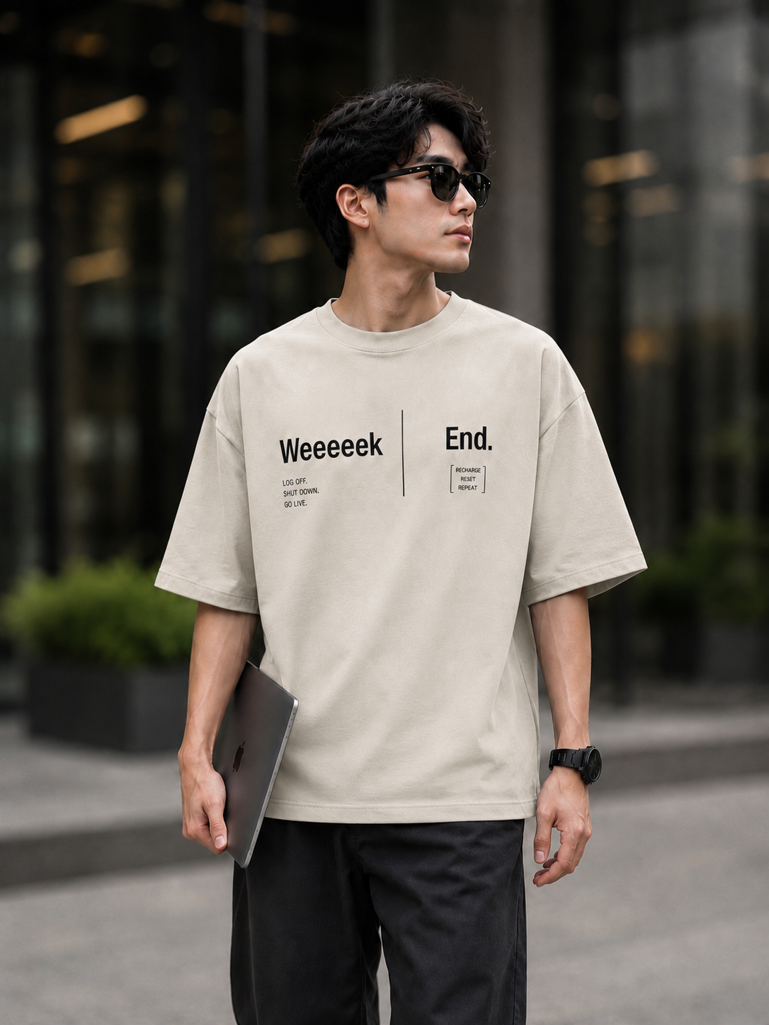"Weeeeek End" Minimalist Tech Graphic Oversized T-Shirt — Beige 1