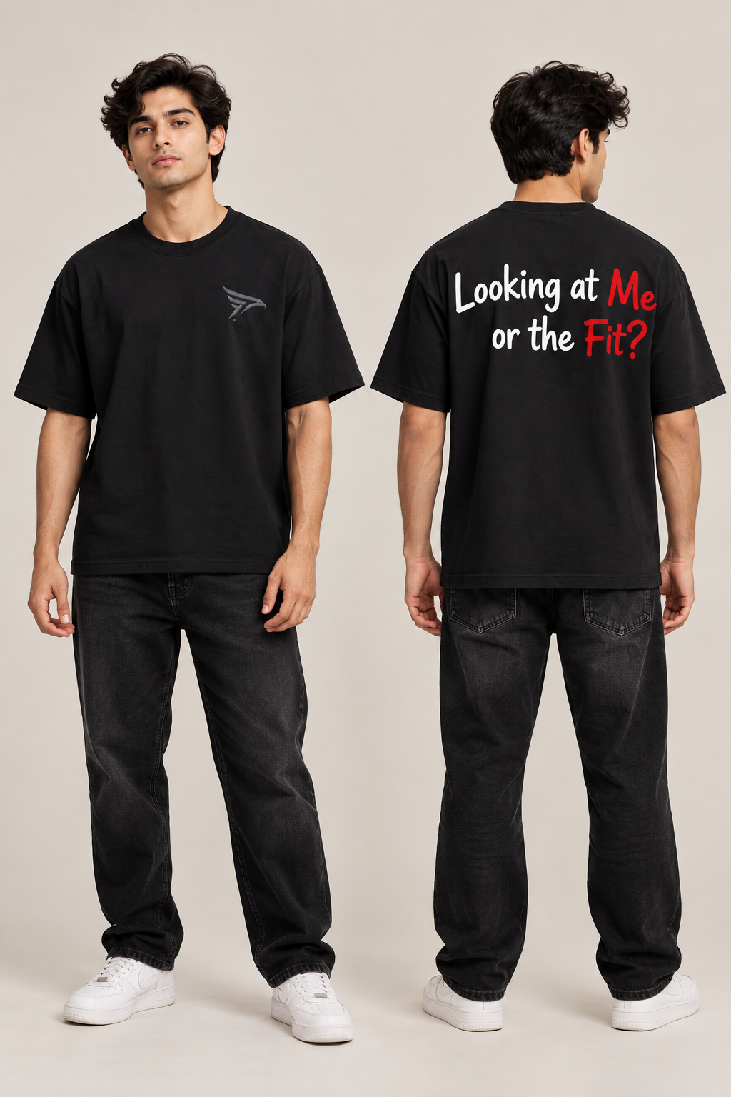 "Looking At Me Or The Fit?" Sarcastic Back Print Regular Fit T-Shirt — Black 3