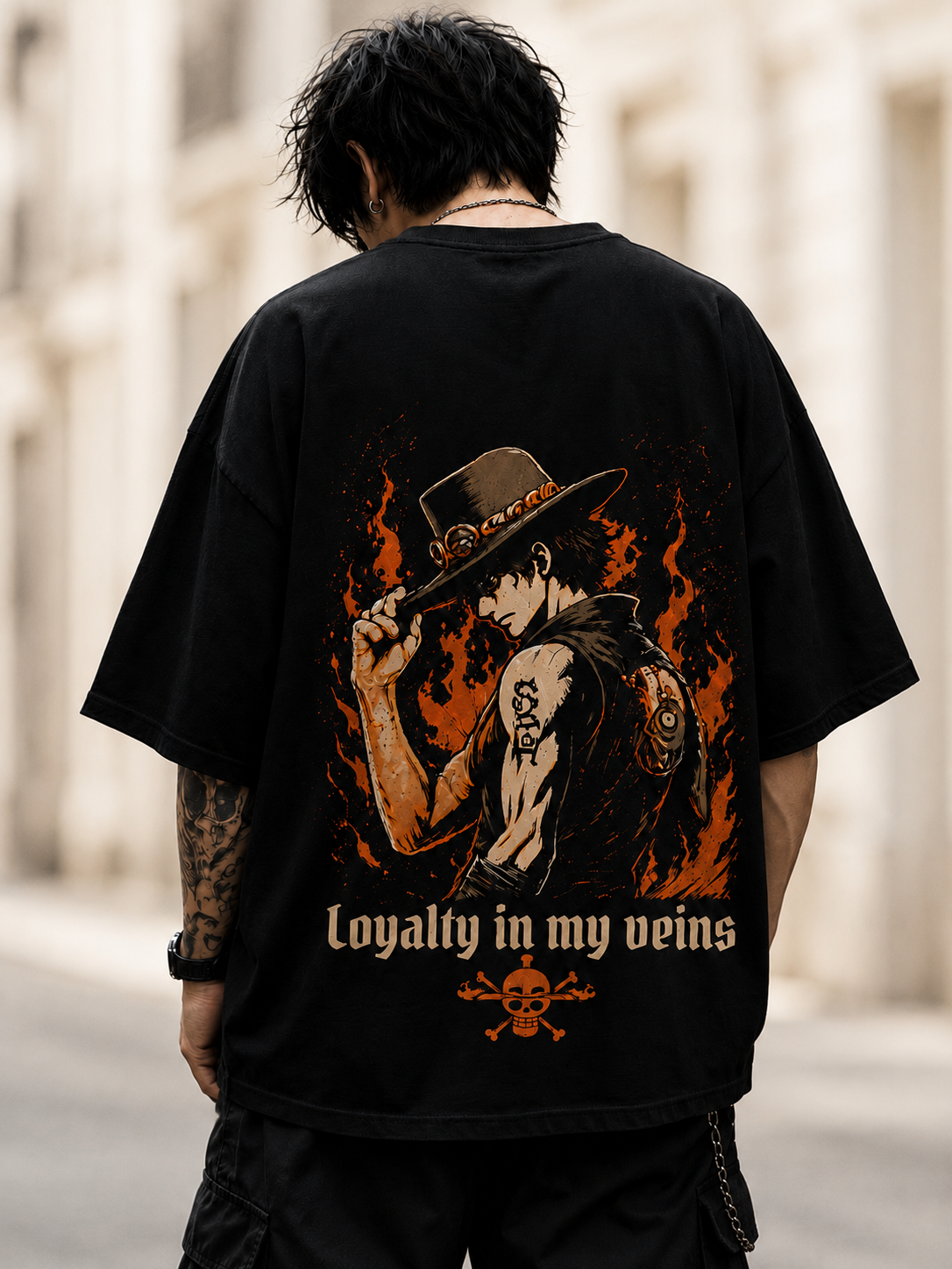 "Loyalty in My Veins" Portgas D. Ace Graphic Oversized T-Shirt — Black 1