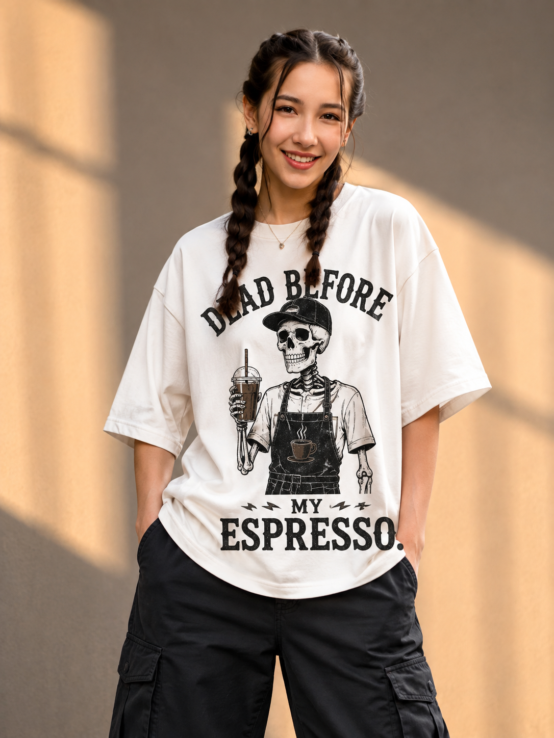 "Dead Before My Espresso" Skeleton Barista Graphic Oversized T-Shirt — White 3