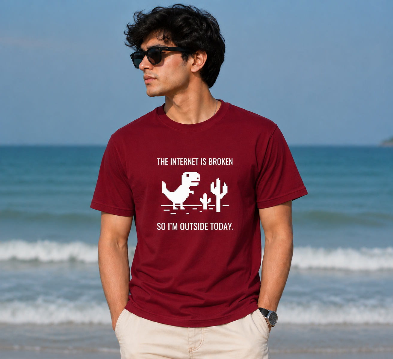 "THE INTERNET IS BROKEN SO I'M OUTSIDE TODAY" Gralphic Regular Fit T-Shirt  — Maroon
