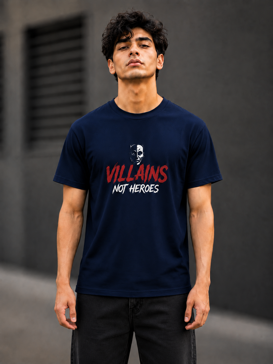 "Villains Not Heroes" Graphic Regular Fit T-Shirt — Navy Blue 3