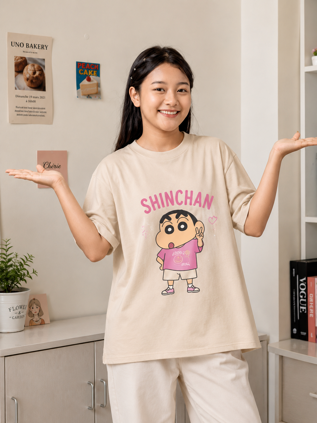"Cute Shinchan" Anime Graphic Oversized T-Shirt — Beige
