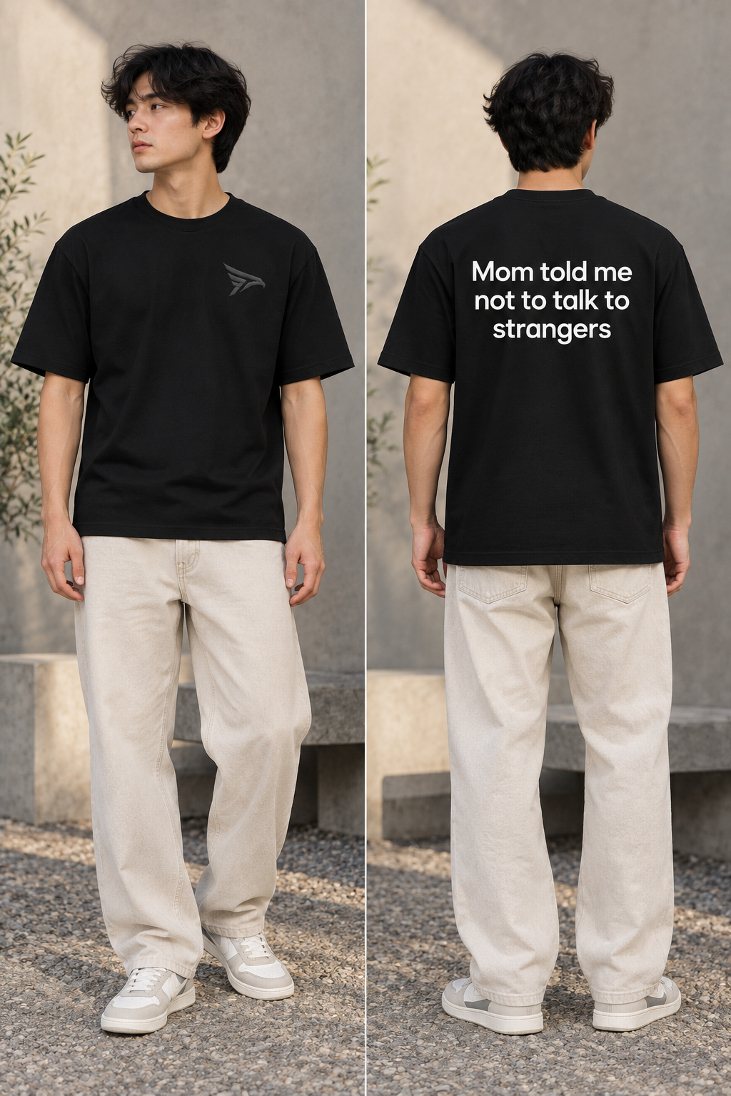 "Mom Told Me Not To Talk To Strangers" Back Print Regular Fit T-Shirt — Black 3