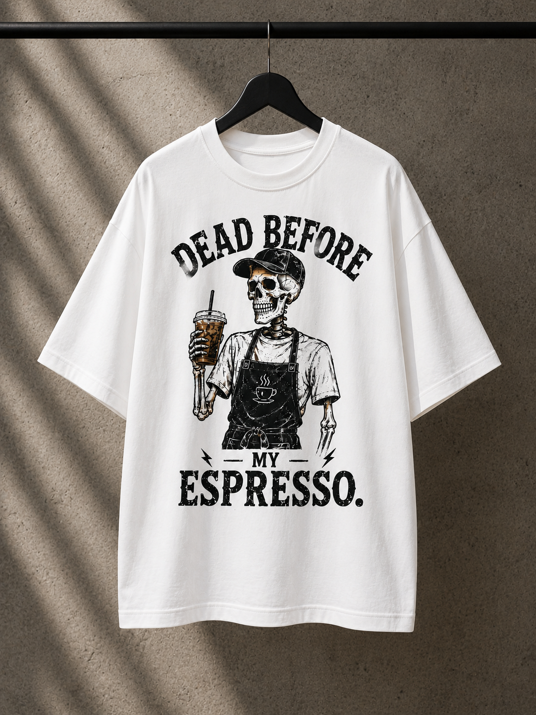"Dead Before My Espresso" Skeleton Barista Graphic Oversized T-Shirt — White 5