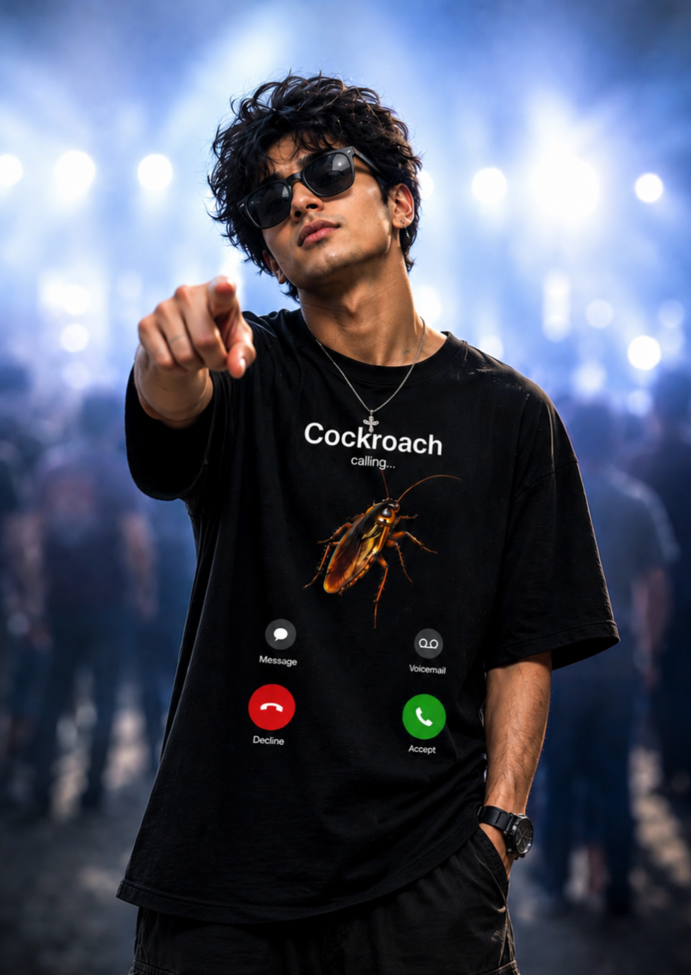 Cockroach Calling Oversized Black Graphic T-Shirt | Funny Phone Call Print | Unisex Cotton Tee — Black 3