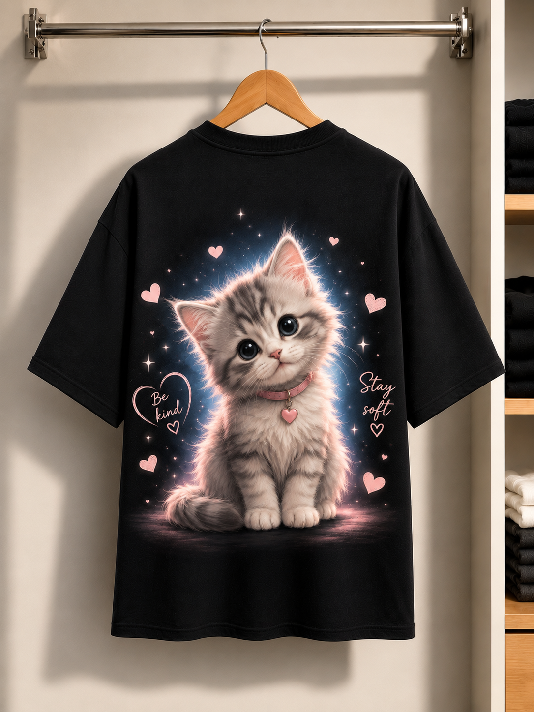 Cozy Casual Style – Cute Kitten  Black T-Shirt for Women — Black 4