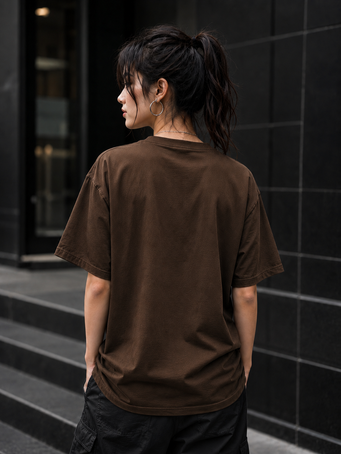"Crowned Skull" Small Chest Graphic Oversized T-Shirt — Brown 4