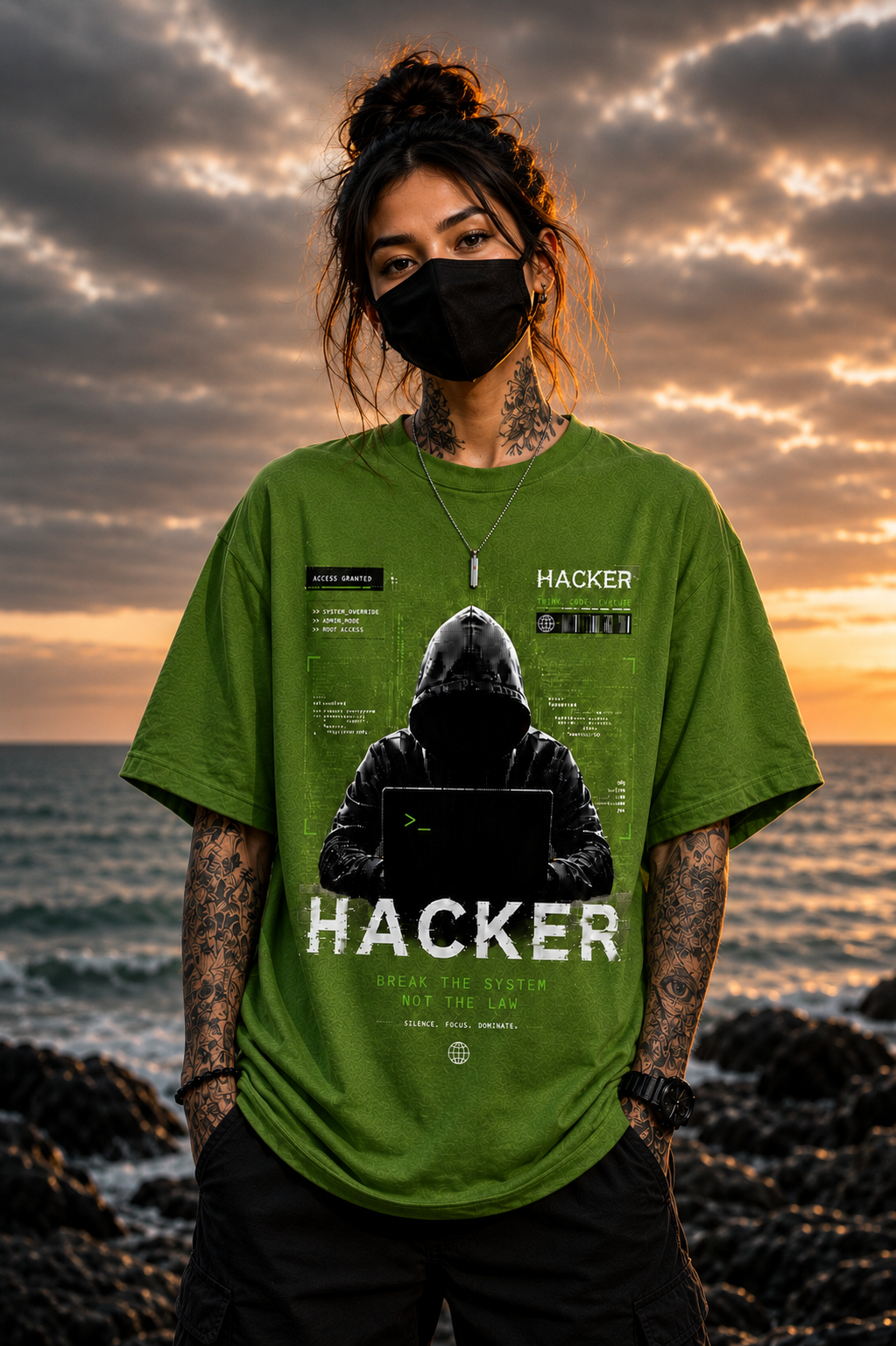 "Hacker: Break The System" Cyberpunk Graphic Oversized T-Shirt — Avocado Green