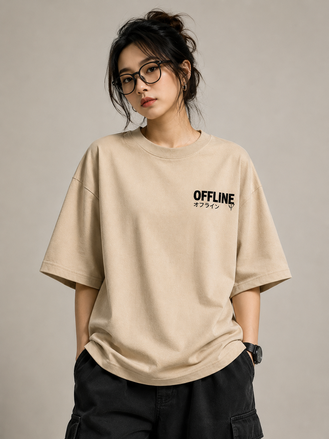 "Offline: Peace Is Not Found Online" Graphic Oversized T-Shirt — Beige 4