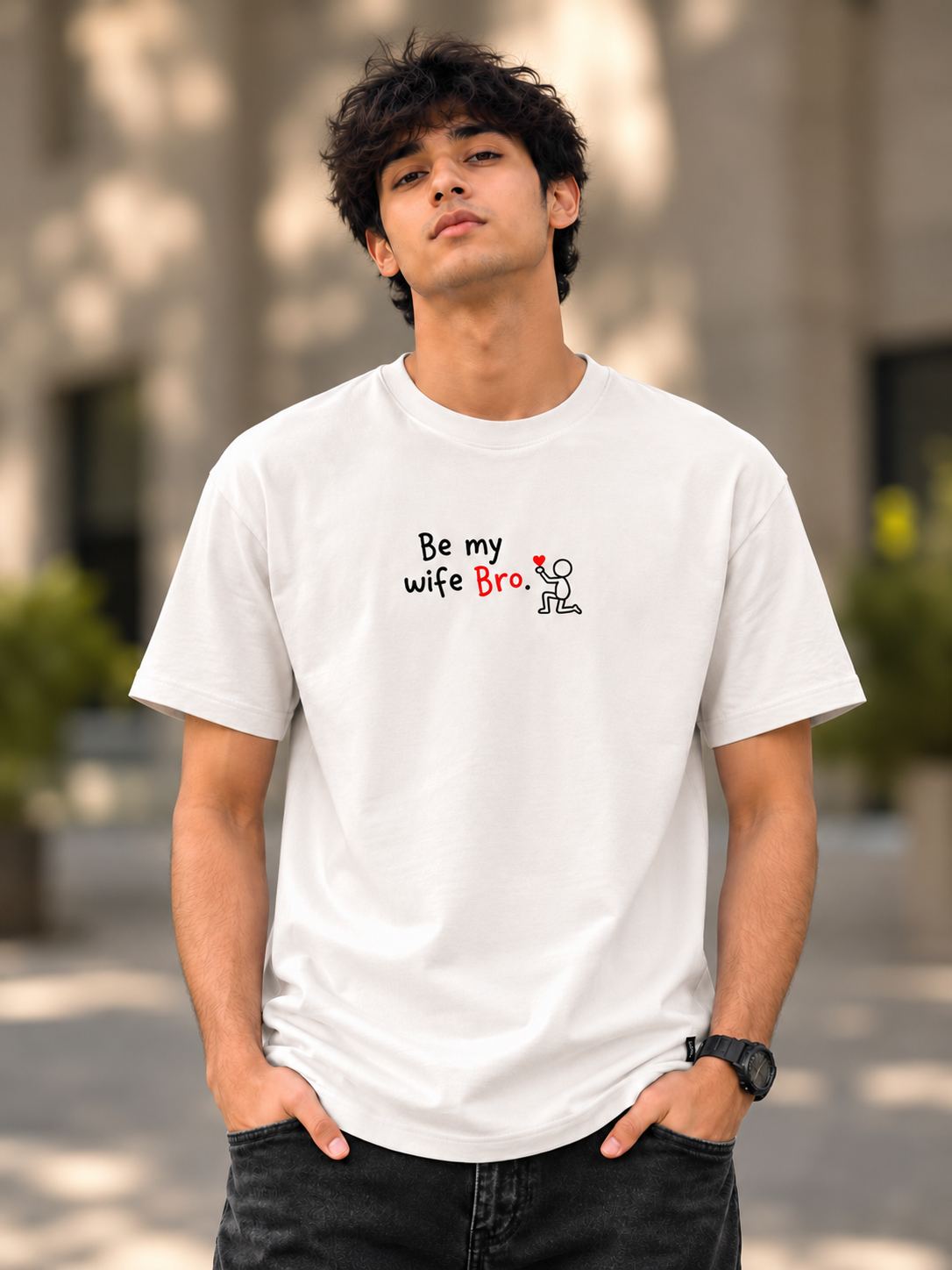 "Be My Wife Bro" Funny Stick Figure Graphic Regular Fit T-Shirt — White