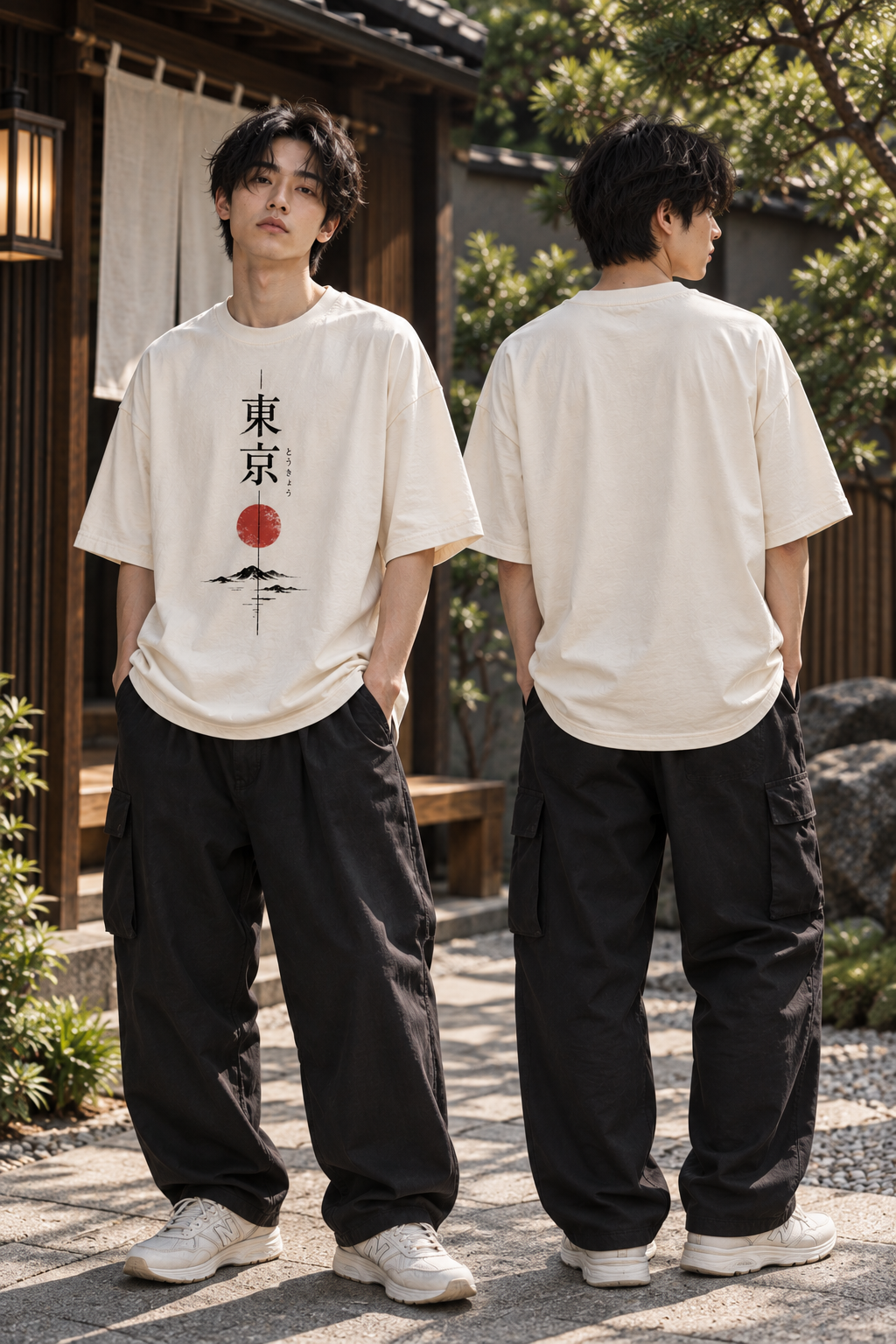 "Tokyo Sun & Mountain" Japanese Art Oversized T-Shirt — White 2