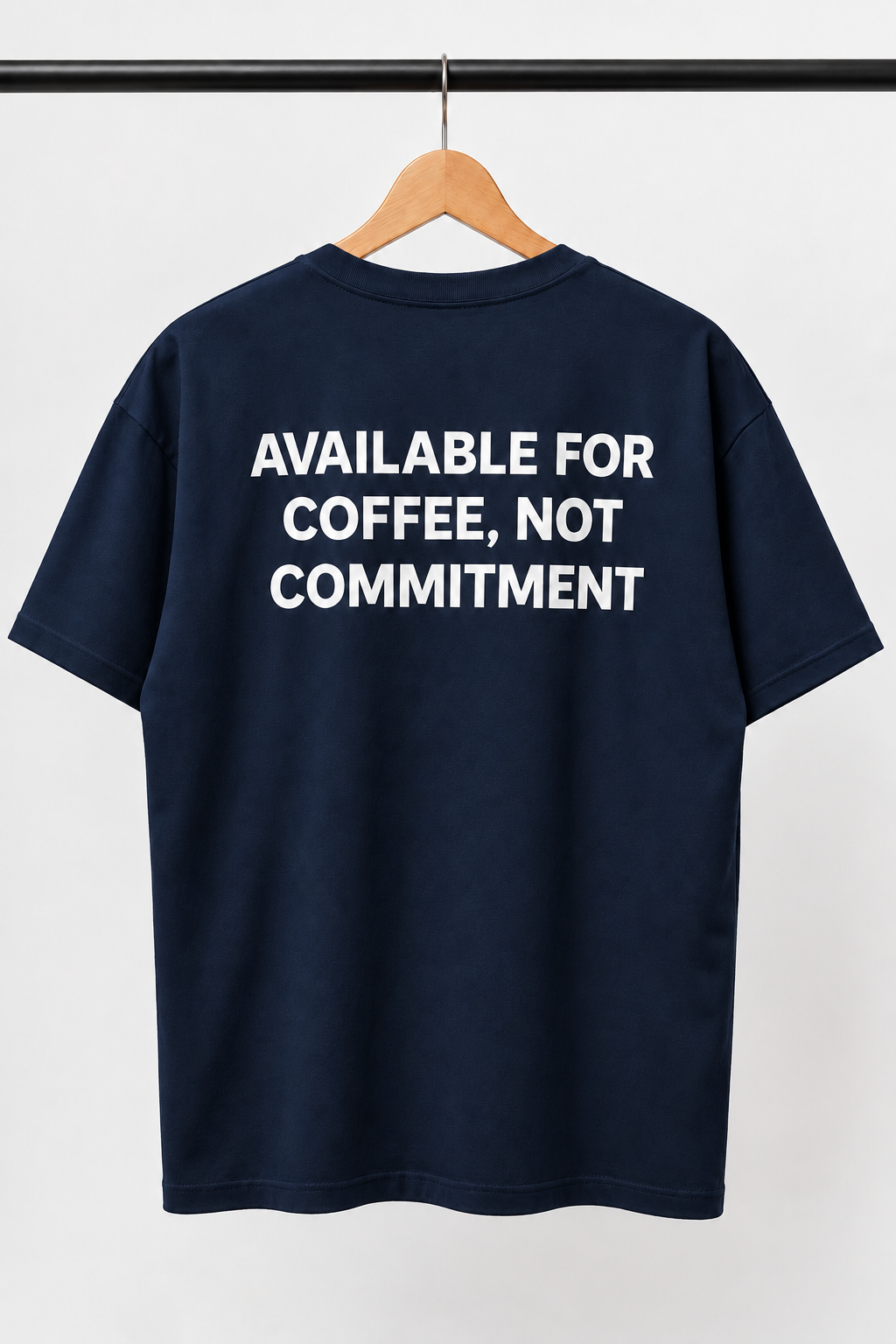 "Available For Coffee, Not Commitment" Back Print Regular Fit T-Shirt — Navy Blue